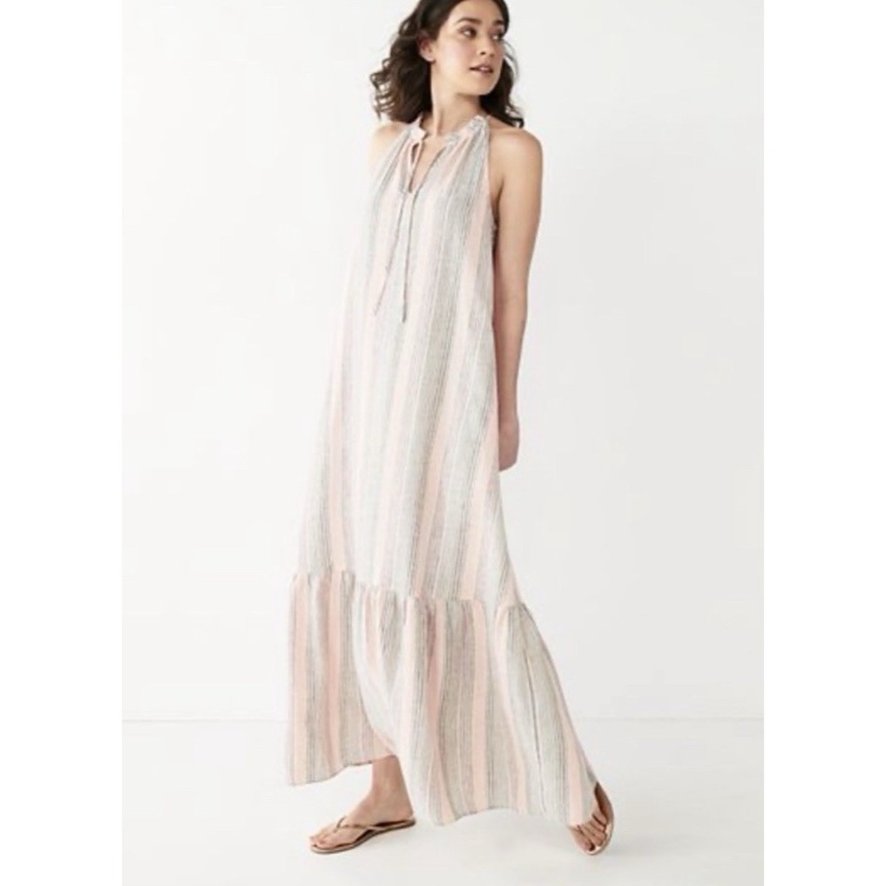 Nine West Pink Striped Maxi Dress Size L Linen Coastal Beach Peasant